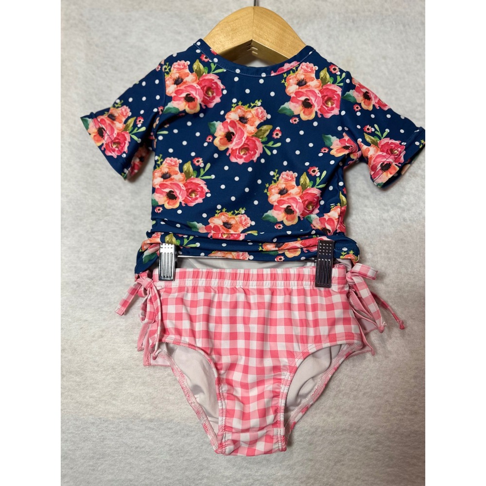 Oopsie Daisy Girls Navy Floral‎ Polka Dot Rash Guard Gingham Ruffle Swimsuit 2t